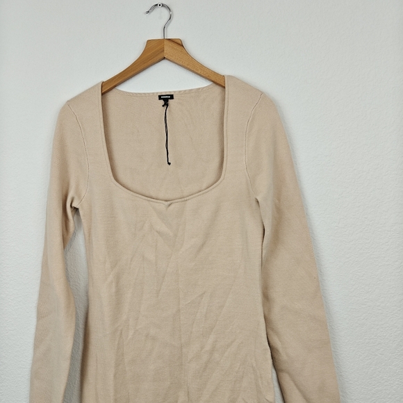 Monrow Nwot Long Sleeves Knit Bodycon Mini Dress Size Small Women's Tan - Picture 3 of 9